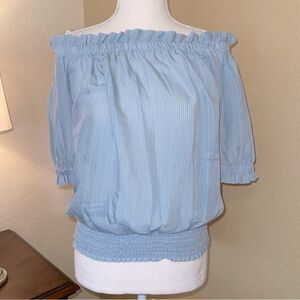 Ann Taylor Blue Peasant Off Shoulder Cinched Waist Top Blouse Small